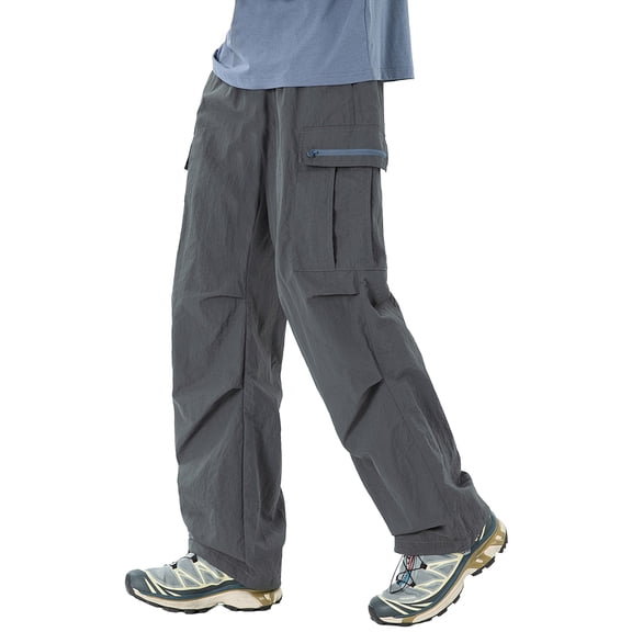 FEOYA Men Parachute Cargo Pants Hiking Lightweight Water Resistant Pants Sports Joggers Summer Climbing Streetwear Y2K Hip Hop Trousers with Multiple Pockets Gray L