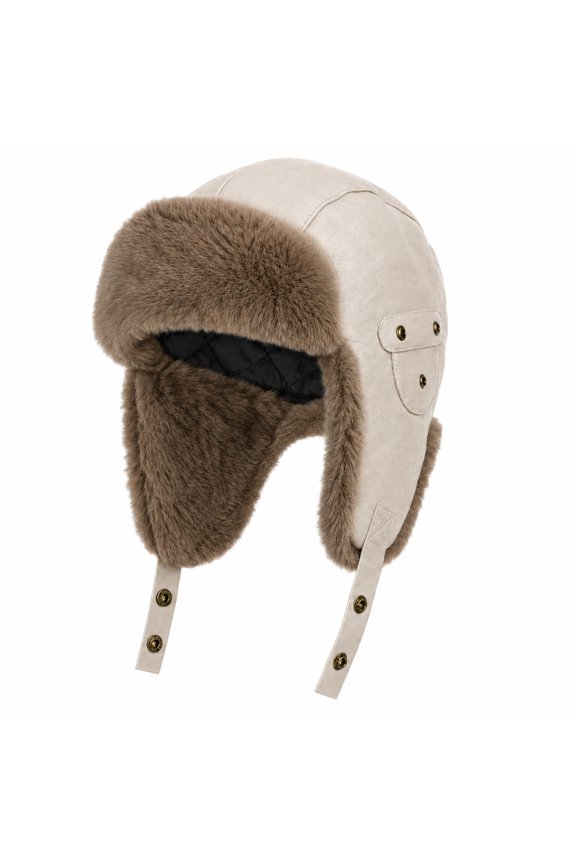 Men Russian Trapper Hat Aviator Hat with Faux Fur Earflap Winter Ushanka Waterproof Leather Eskimo Cap for Hunting Skiing Outdoor Travel Cold Weather Camping Hiking