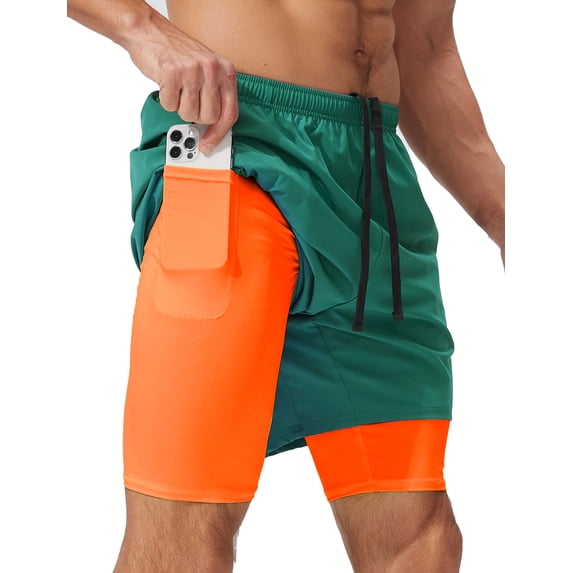 FEOYA Men's 2 in 1 Running Shorts Liner Male Quick Dry Athletic Shorts Breathable Gym Sweat Shorts Training Sports Basketball Shorts with Phone Pocket L Green