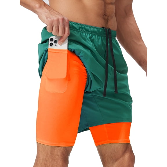 FEOYA Men's 2 in 1 Running Shorts Liner Male Quick Dry Athletic Shorts Breathable Gym Sweat Shorts Training Sports Basketball Shorts with Phone Pocket L Green