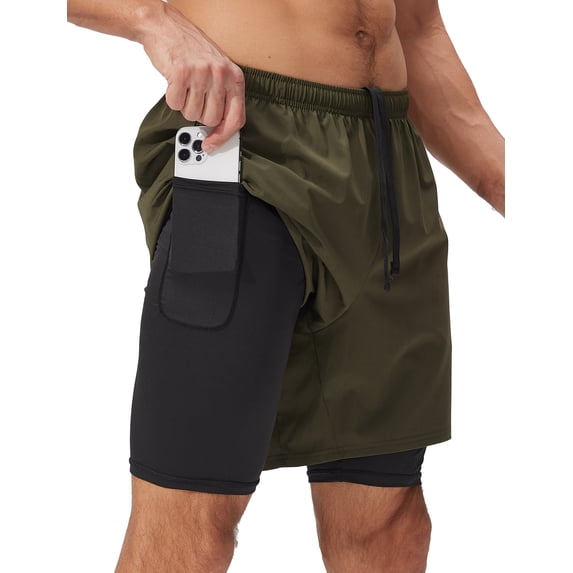 FEOYA Men's 2 in 1 Running Shorts Liner Male Quick Dry Athletic Shorts Breathable Gym Sweat Shorts Training Sports Basketball Shorts with Phone Pocket L