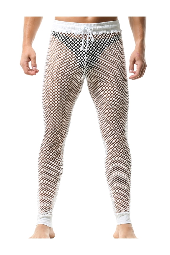 Men's Mesh Pants See Through Fishnet Leggings Muscle Tights Trousers Striped Sexy Workout Sweatpants with Drawstring Activewear Gym Training Yoga Workout