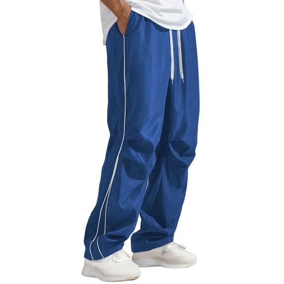 FEOYA Men's Parachute Sweatpants Y2k Baggy Track Pants Straight Vintage Hip Hop Side Stripes Pant Wide Leg Loose Sport Skateboard Trousers with Drawstring S Blue