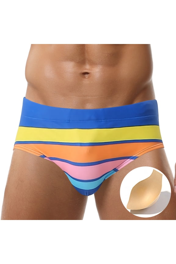 Men's Rainbow Strips Bikini Low Rise Sexy Swimwear Drawstring Print Swim Briefs Surfing Pouch Swimming S Blue