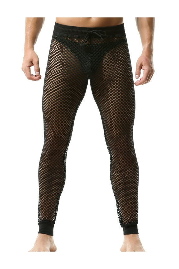 Men's Sexy Mesh Pants Fishnet Muscle Leggings See Through Striped Trousers Workout Sweatpants with Drawstring for Activewear Gym Training Yoga
