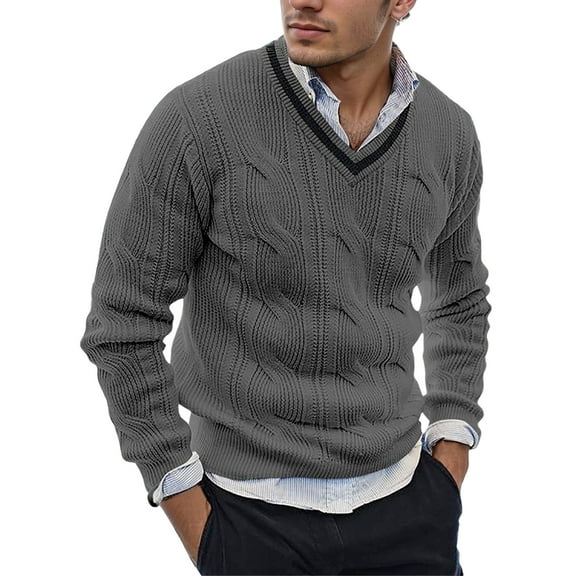 FEOYA Men's V Neck Jumpers Casual Business Sweater Long Sleeves Pullover Winter Warm Sweater Ribbed Knitted Top Slim Fit Pullovers Clashing Stripes Collar for Work Dating Outdoor M