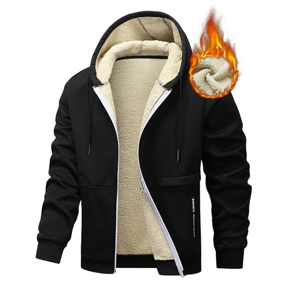 FEOYA Men's Zip Up Hoodie Fleece Jackets Sherpa Lined Outwear Thermal Thick Coat Winter Sweatshirts with Pockets M Black