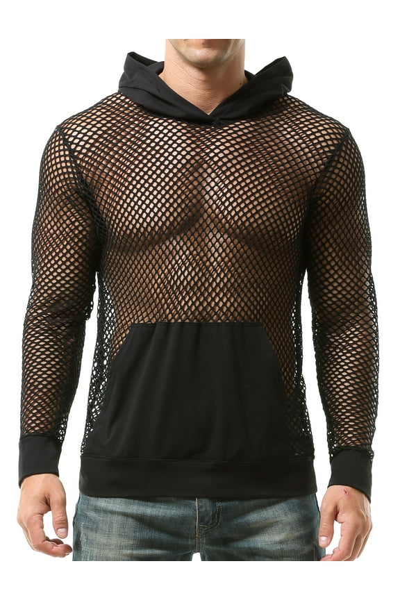 Mens Fishnet Hoodie Mesh Tank Tops Muscle See Through Sweatshirt Long Sleeve Workout Shirts Pullover Sheer Loose Shirt with Pocket for Club Gym