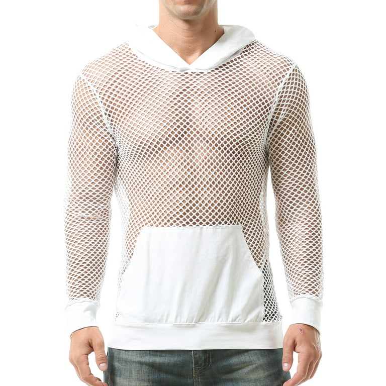 FEOYA Mens Fishnet Hoodie Mesh Tank Tops Muscle See Through Sweatshirt Long Sleeve Workout Shirts Pullover Sheer Loose Shirt with Pocket for Club Gym Walmart