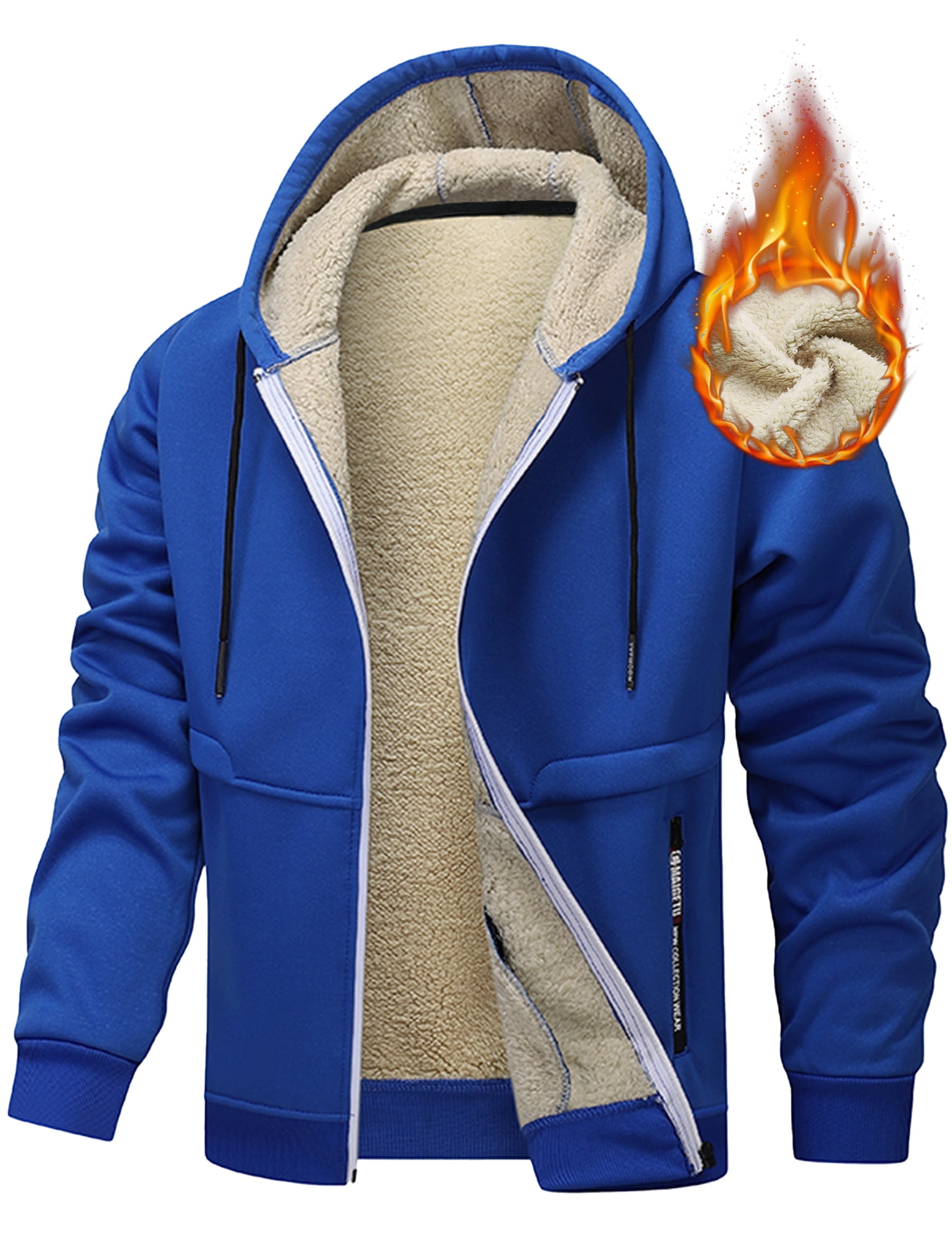 FEOYA Mens Sweat Jackets Zip Up Fleece Winter Hooded Coat Sherpa Lined Outwear Warm Softshell Sweatshirt with Pockets XL Blue