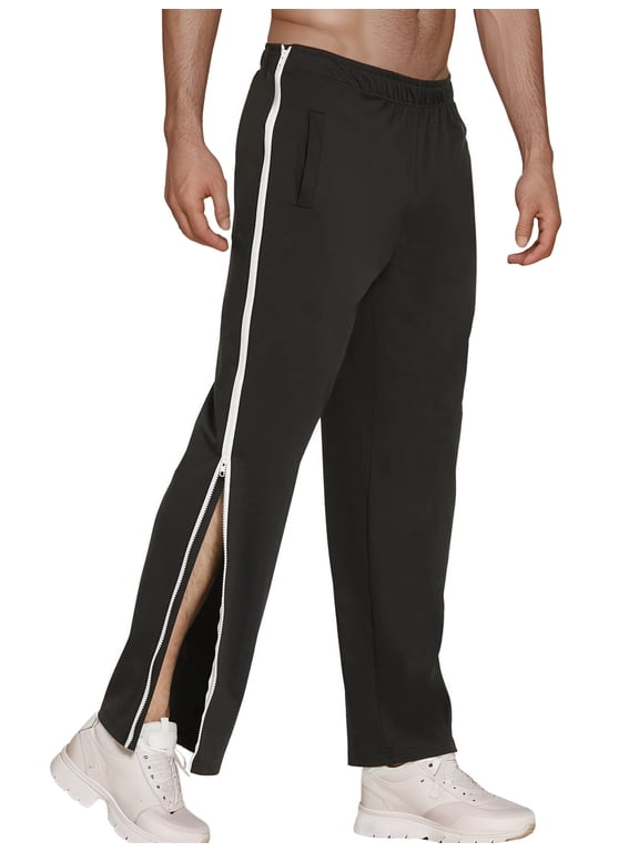Mens Tear Away Pants Zipper Basketball Sports Joggers Train Trousers Cotton Straight Leg Sweatpants Elastic Waist with 2 Pockets for Gym Running Athletic Workout
