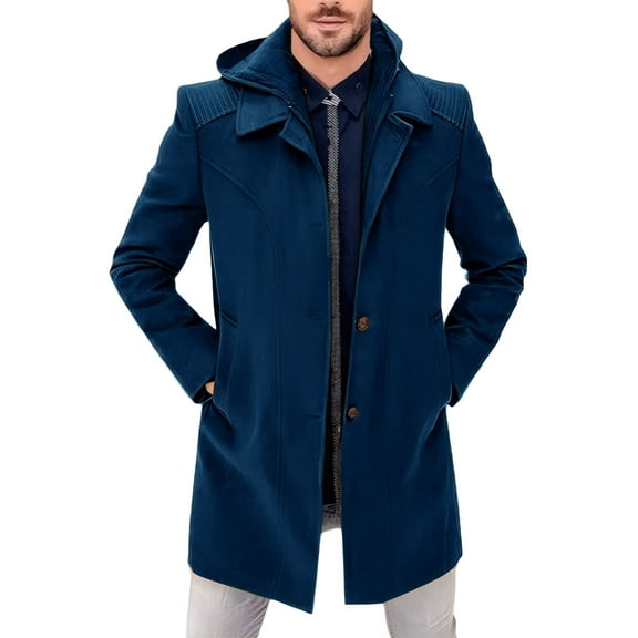 FEOYA Mens Wool Coats with Hood Winter Overcoat Peacoat Jacket Warm Trench Coat Single Breasted Jacket Coat Casual Business Outerwear L