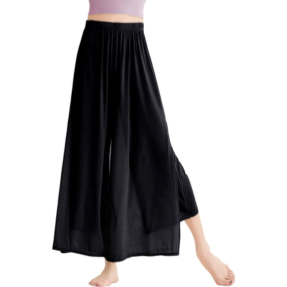 FEOYA Modern Dance Pants Women 2 Layers Side Slit Mesh Flowing Classical Trousers Elastic Waist Wide Leg Practice Loungewear for Ballet Yoga Pilates L