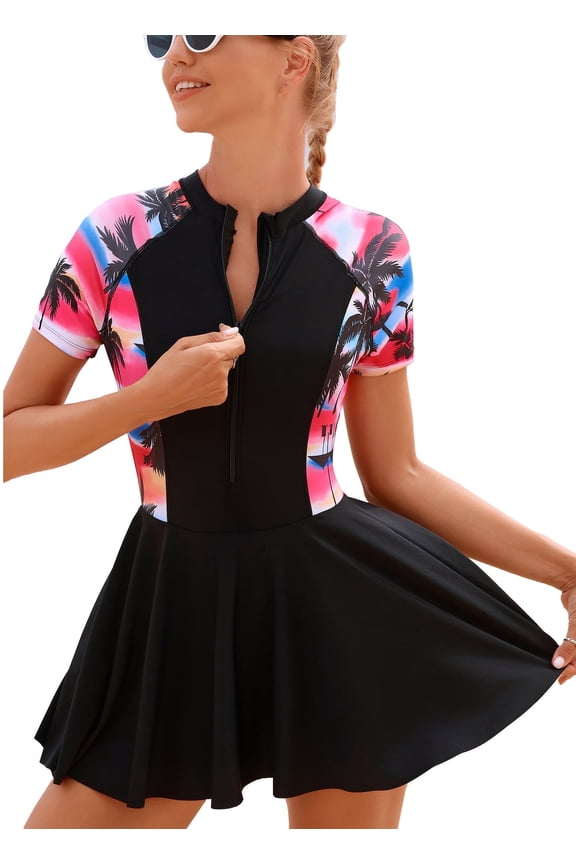 Modest Swimwear Short Sleeve One-Piece | Skirted Bathing Suit with UPF Protection & Padded Top