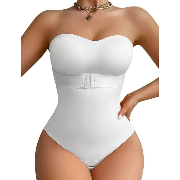 FEOYA One Piece Shapewear Women Tummy Control Slimming Bodysuit Seamless Body Shaper Sculpted Jumpsuit with Removable Straps L White