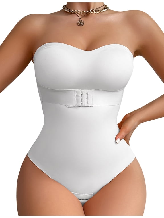 One Piece Shapewear Women Tummy Control Slimming Bodysuit Seamless Body Shaper Sculpted Jumpsuit with Removable Straps L White