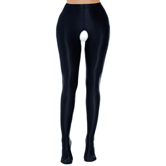 FEOYA Opaque Glossy Pantyhose for Women Oil Bright Leggings Shiny High Waist Crotchless Tights Smooth Footed Tights Nylon Seamless Leggings Pilates Yoga Pants L Black