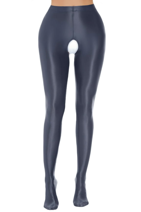 Opaque Glossy Pantyhose for Women Oil Bright Leggings Shiny High Waist Crotchless Tights Smooth Footed Tights Nylon Seamless Leggings Pilates Yoga Pants L Gray