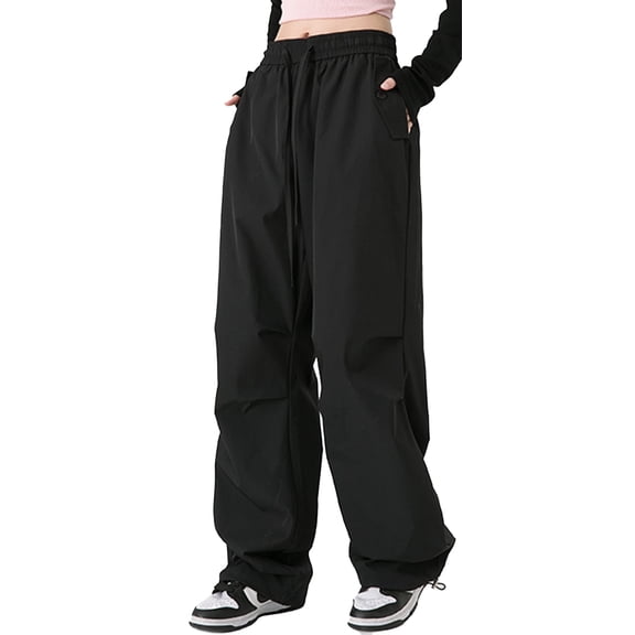 FEOYA Parachute Pants Women's Cargo Baggy Sweatpants ladies Y2K Streetwear Drawstring Elastic Waist Track Pant Stretchy Ankle Cuffs Trousers with Pockets L