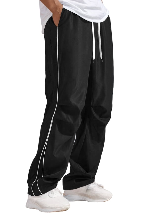 Parachute Sweatpants for Men Y2k Baggy Straight Vintage Track Pants Loose Sport Skateboard Trousers Wide Leg Side Stripes Hip Hop Pant with Drawstring M Black