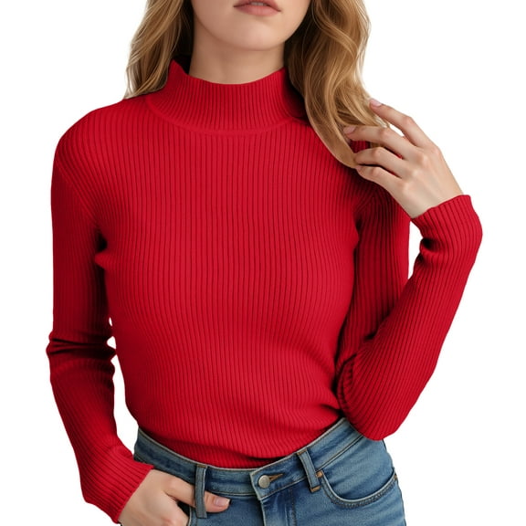 FEOYA Ribbed Sweater Women's Mock Neck Ladies Slim Fit Pullover Top Long Sleeve Basic Sweater Fall Winter Casual Red