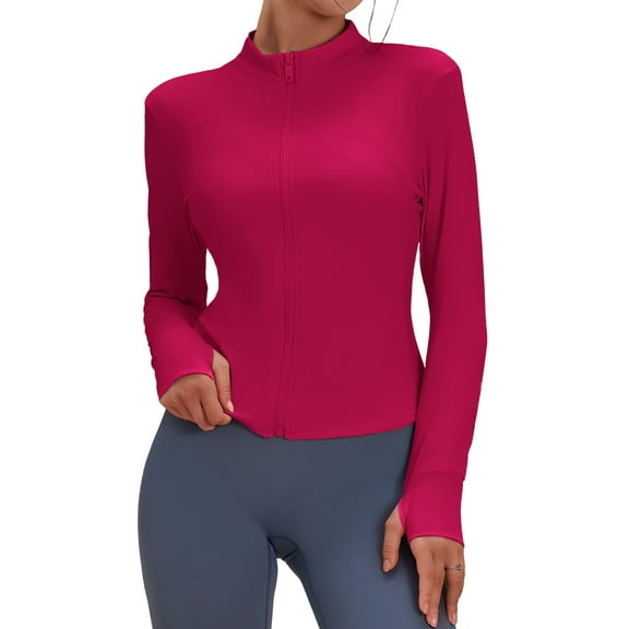 FEOYA Running Workout Jackets for Women Slim Fit Athletic Tops with Thumb Holes Full Zip Track Yoga Jacket M Red