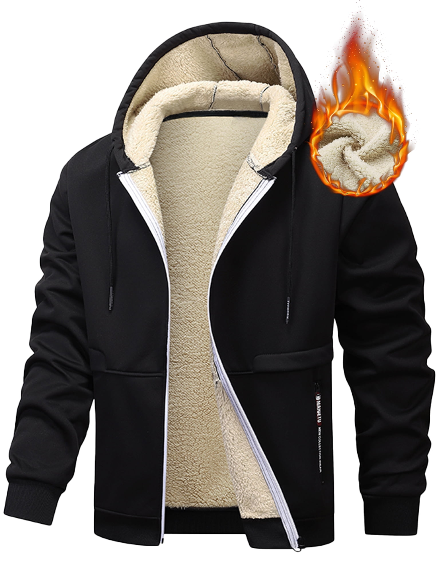 FEOYA Sherpa Lined Hoodies for Men Heavyweight Fleece Jackets Thermal Thick Coat Softshell Outwear Warm winter Sweatshirt with Pockets 2XL Black