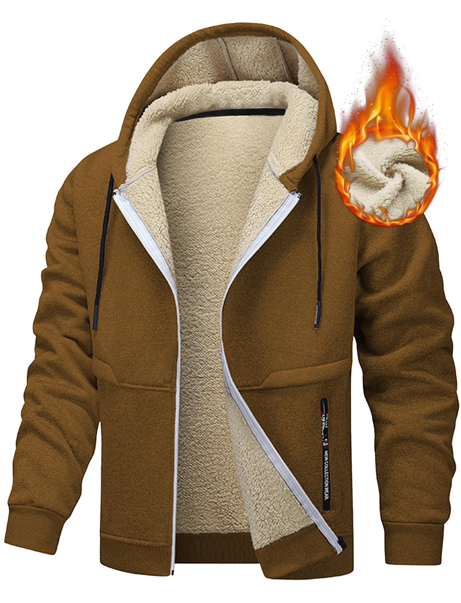 FEOYA Sherpa Lined Hoodies for Men Heavyweight Fleece Jackets Thermal Thick Coat Softshell Outwear Warm winter Sweatshirt with Pockets 2XL Brown