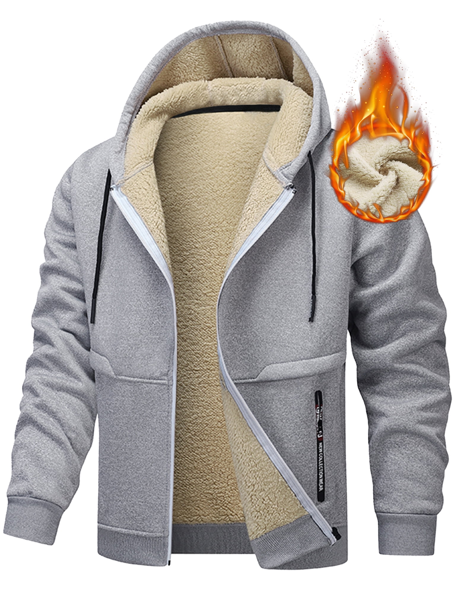 FEOYA Sherpa Lined Hoodies for Men Heavyweight Fleece Jackets Thermal Thick Coat Softshell Outwear Warm winter Sweatshirt with Pockets 2XL Gray