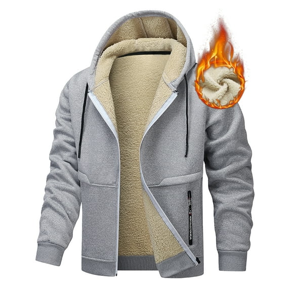FEOYA Sherpa Lined Hoodies for Men Heavyweight Fleece Jackets Thermal Thick Coat Softshell Outwear Warm winter Sweatshirt with Pockets 2XL Gray