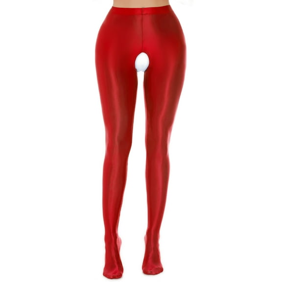 FEOYA Shiny Footed Leggings for Women Glossy Opaque Pantyhose Oil Bright Stockings Oil seamless High Waist Tights Nylon Crotchless Smooth Leggings Pilates Yoga Pants Red