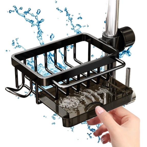 FEOYA Sink Faucet Organizer Sink Caddy Sponge Holder Kitchen Faucet Drain Rack with Drain Tray Hook Rod Drainer Basket for Bathroom Soap Scrubbers 0.7-1.10 Inch Round Tube Hanging