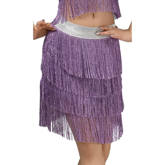 FEOYA Sparkly Sequin Fringe Skirt for Womens Belly Dance Skirt Ladies Sparkle Rave Skirts Multi Layer Tassel Latin Skirt L Purple