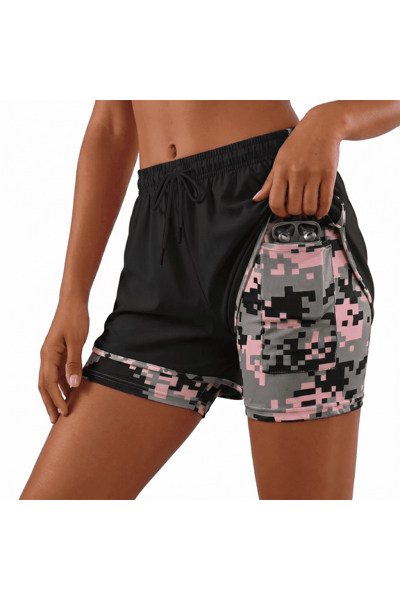 Summer Athletic Shorts for Women 2 in 1 Drawstring Elastic Workout Shorts Camo Liner Running Shorts with Inter Side Pockets M Black