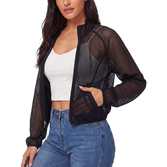 FEOYA Summer Cropped Bomber Jacket Women Mesh Sheer Jackets Lightweight Long Sleeve Zip Up Jacket With Pocket XS Black