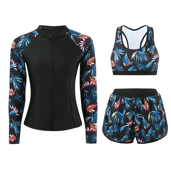 FEOYA Surf Suit Women Tankini Swimsuits Modest Swimwear Rash Guards Print Bathing Suits Three Piece Sun Protection L Black