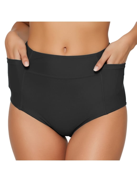 Swim Brief Women Tummy Control Ladies Swimsuit Bikini Bottoms High Waisted Full Coverage Bathing Suit Tankini Bottom with Pockets Swimming Swimwear XXL Black