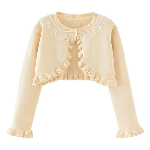 FEOYA Toddler Knit Cardigan Sweater Girls Long Sleeve Bolero Shrug Kids Button Closure Jacket Cover Up Top Spring Coat with Embroidery Crochet for 4-5 Years