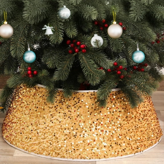 FEOYA Tree Stand Base Cover Tree Skirt Collar Sequin Tree Collar Velvet Tree Ring Decorations Gold Sparkly Tree Collar for Home Decor Winter Holidays Backyard Living Room 15.74*23.62*7.87 Inch
