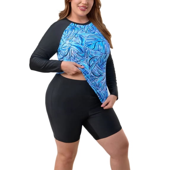 FEOYA Two Piece Rash Guard Swimsuit for Women Plus Size Long Sleeve Swimwear Built in Bra Modest Bathing Suits Swimming Tops with Short 5X