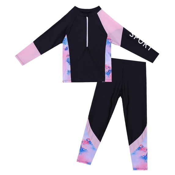 Happy Cherry Two Piece Swimsuit for Girls Long Sleeve Quick Dry Rash Guard zipper front Bathing Suit Athletic Surf Swimsuit Spring Swimming Clothing Summer Beach Swimwear 4-5 T