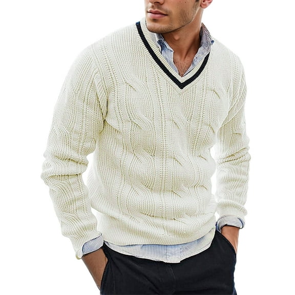 FEOYA V Neck Jumpers for Men Long Sleeve Pullover Slim Fit Sweater Casual Business Pullover Ribbed Knitted Top Winter Warm Sweater Clashing Stripes Collar for Outdoor Work Dating L