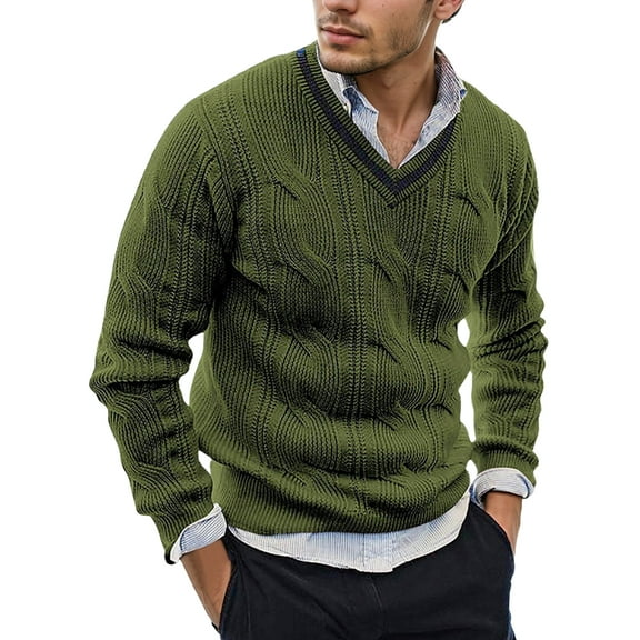 FEOYA V Neck Sweater for Mens Warm Winter Jumper Long Sleeve Pullover Slim Fit Sweaters Casual Business Pullover Ribbed Knitted Top Clashing Stripes Collar for Work Outdoor Dating XL