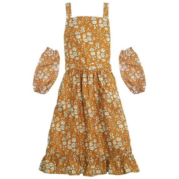 FEOYA Vintage Apron Dress Women Kitchen Apron Floral Bib Apron with 2 Pockets Smock Cute Thin Fashion Apron for Gardening Florists Painting Baking Workwear Green/Khaki