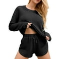 thumbnail image 1 of FEOYA Waffle Pajamas for Women Set Knit Lounge Sleepwear Outfits Ribbed Pajamas Long Sleeve Top Shorts 2 Piece Loungewear Sweatsuit with Pockets M Black, 1 of 7