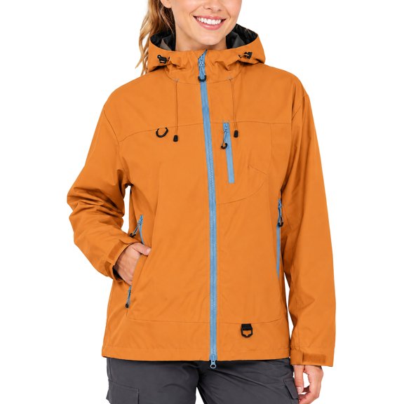 FEOYA Windbreaker Jacket Women Outdoor Waterproof Hiking Hooded Jackets Camping Raincoat with Five Pocket for Cycling Bike Camping Climbing XL Orange