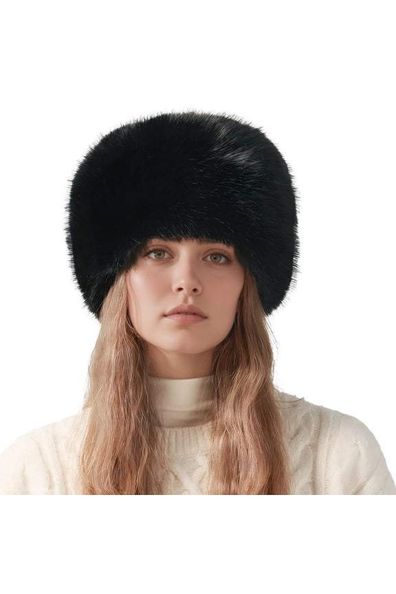 Winter Faux Fur Hat for Women Plush Bucket Cap Ladies Fuzzy Furry Hats Russian Ushanka Snow Hat for Ski Skating Outdoor Hiking Black