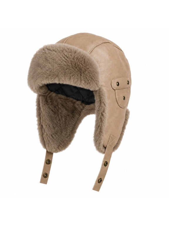 Winter Hats Men Trapper Leather Russian Aviator Hat Waterproof Ushanka Hunting Skiing Cap Ear Flaps for Outdoor Travel Cold Weather Camping
