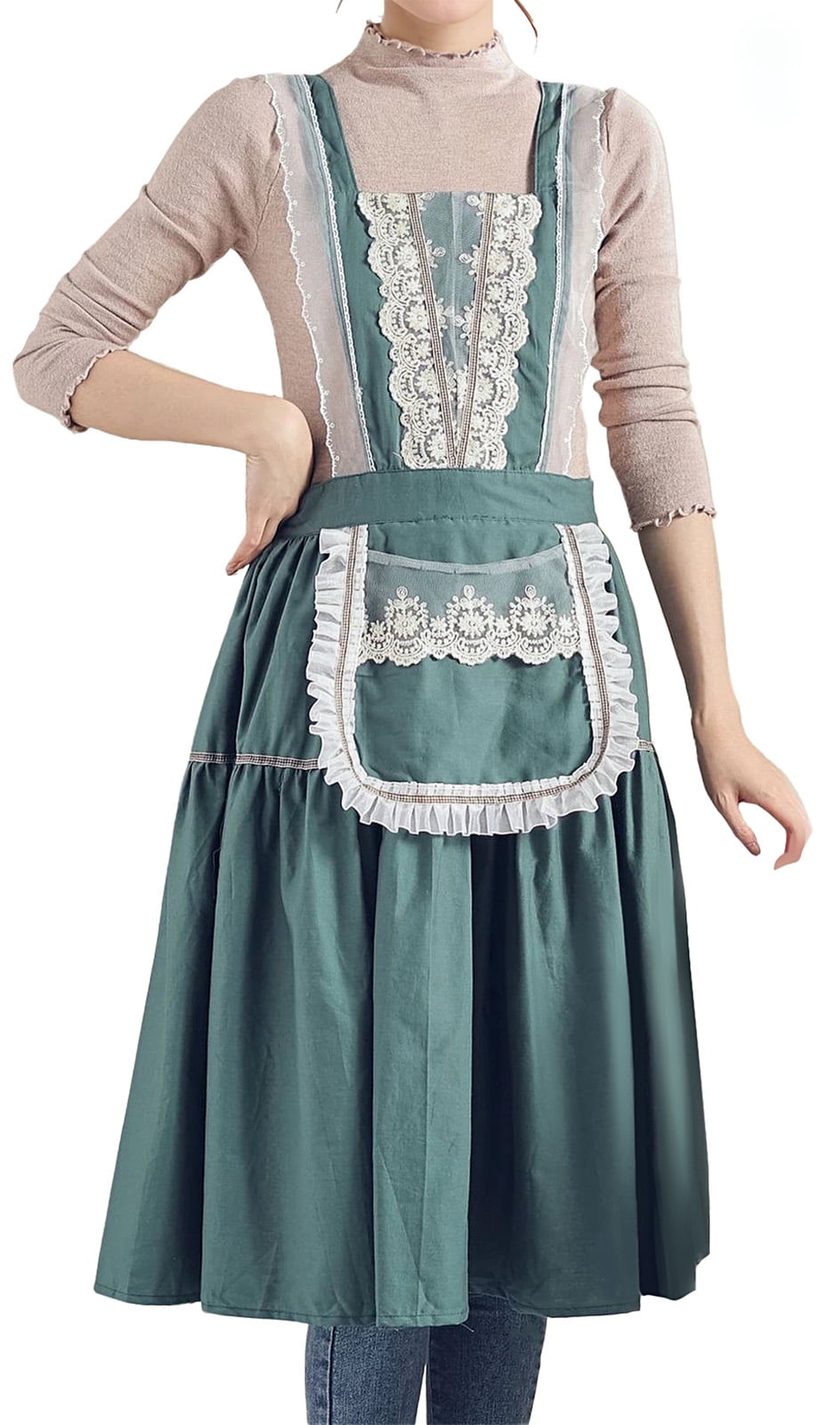 FEOYA Women Baking Apron Cotton Vintage Apron Kitchen Apron with Pockets Chef Lace Aprons Dress for Cooking Baking Gardening Work Cake Green