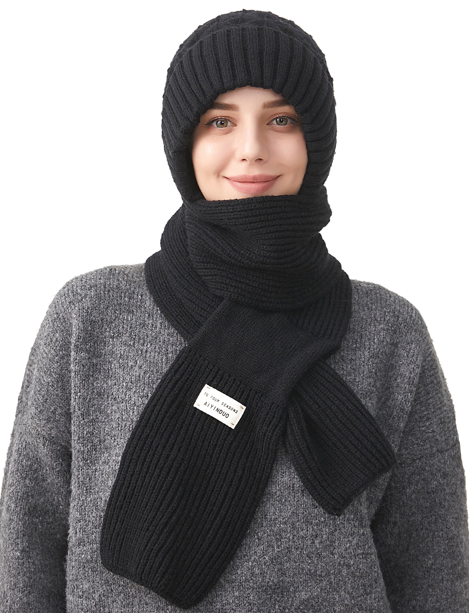 FEOYA Women Balaclava Hood Scarf Hat Winter Beanie Hats Scarf One Piece Integrated Ear Protection Windproof Cap Scarf Warm Fleece Knitted Ski Scarf Hat Black